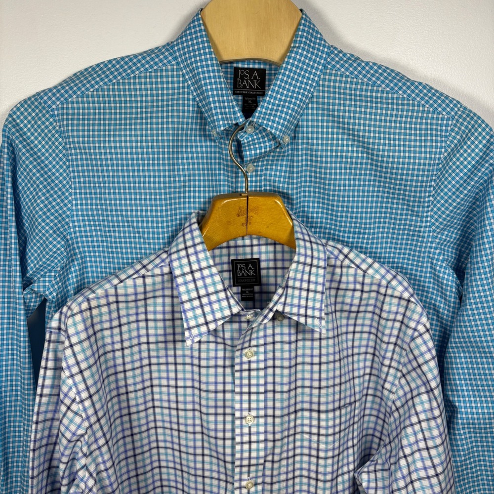 Jos A Bank Mens Tailored Fit XL Dress Shirt Lot of 2 Blue Plaid Gingham Cotton